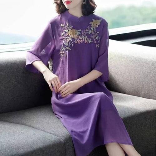 2021 Summer Chinese Style Women Mandarin Collar Embroidery Purple Orange Chiffon Dress , Woman Clothes Cheongsam Dresses