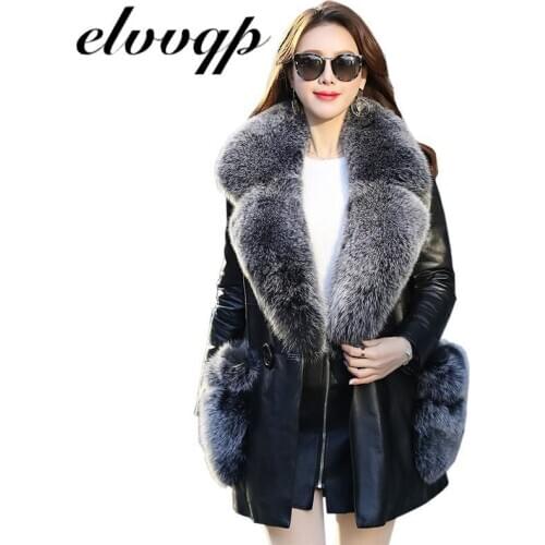 Women Thick Warm Pu Faux Leather Padded Coat 2020 New Winter Fur Pocket Big Fur Collar Jacket Parka High Quality Outerwear Tops