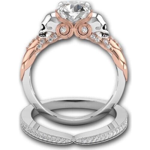2pc/lot Gothic Skull Finger Ring Set Female Wedding Rings for Women Girl Heart Crystal CZ Rose Gold Trendy Jewelry Gift