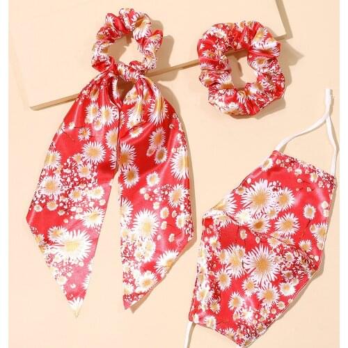 Artilady Cross-border New Silk-printed Large Intestine Hair Ring Creative Fresh Headband + Mask Ribbon Combination 3pcs/Set