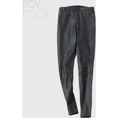 Novmoop high street casual style black grey wine red sheepskin genuine leather stretch pencil pants pantalones de mujer LT2976