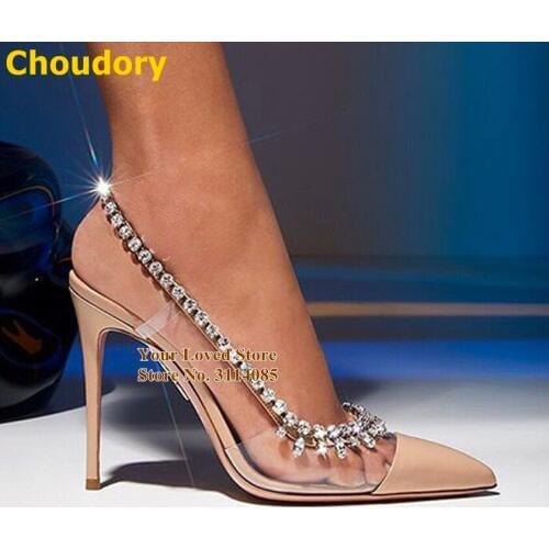 Choudory Clear PVC Pointed Toe Rhinestone Pumps Slingback High Heels Bling Bling Crystal Fringe Wedding Shoes Patchwork Sandals
