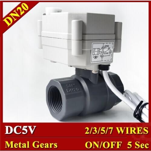 DC5V PVC small size motorized ball valve 3/4", 2/3/5/7 wires electric water valve for solar heating system