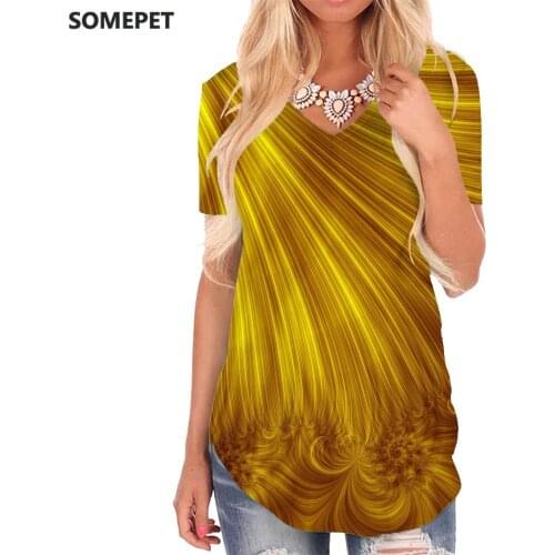 SOMEPET Gold T-shirt women Abstract T-shirts 3d Graphics V-neck Tshirt Creativity Funny T shirts Womens Clothing Fashion Loose