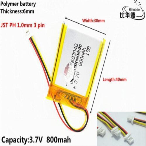 JST PH 1.0mm 3 pin 3.7V,800mAH 603040 Polymer lithium ion / Li-ion battery for tablet pc BANK,GPS,mp3,mp4