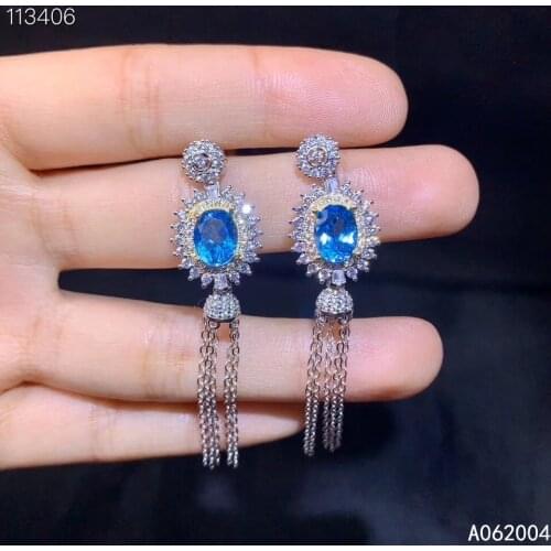 KJJEAXCMY Fine Jewelry 925 sterling silver inlaid natural blue topaz female earrings Eardrop fashion support detection
