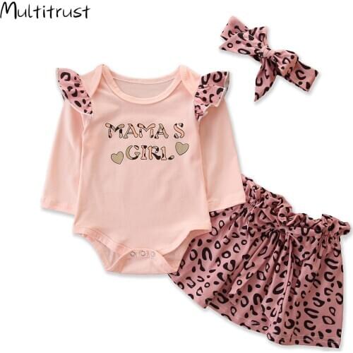 2020 Baby Girl Clothes Round Collar Long Sleeve Crotch Buttons Romper Top +Ruffle Leopard Skirt + Headband Suit