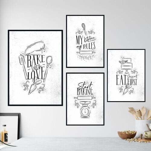 Nodic Cartoon Kitchenware Wall Art Canvas Painting Print Bake With Love Quote Poster Wall Picture For Kitchen Room Decor TB75