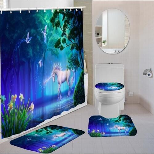 3/4 Pieces Unicorn Cartoon Shower Curtains Sets Colorful Forest Pedestal Rug Cute Toilet Mat Bathroom 3D Printing Non-slip Decor