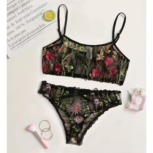 Newest Arrival Women Sexy Lingerie Set Floral Embroidered Sheer Mesh Bra+Panty 2 Piece Nightwear Exotic Set Exotic Apparel