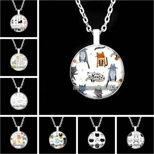 Cute Cat Face Expression Glass Cabochon Girl Necklace Cartoon Cat Chain Necklace Lovely Kitten Face Necklace for Unisex