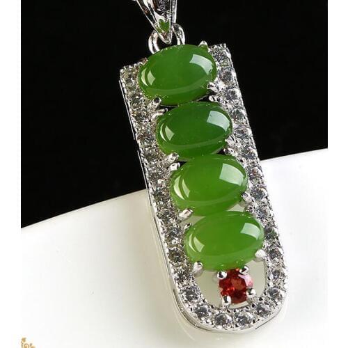 925 Silve Gold Natural Green HeTian Jade Jasper Inlay Bean Beads Design Lucky Pendant + Free Necklace Womans Gift Jewelry