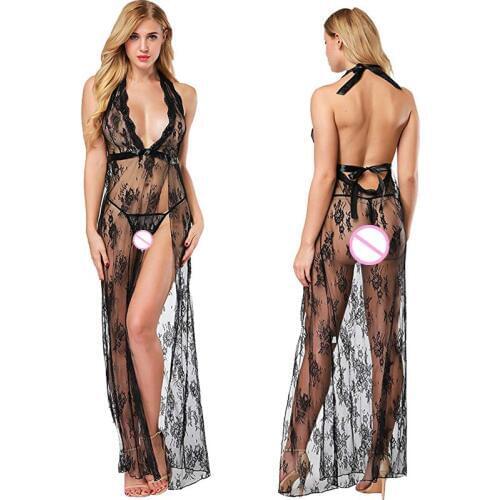 Sexy lingerie lace large size perspective long bathrobe perspective robe+Thong Sexy underwear lace dress long skirt underwear