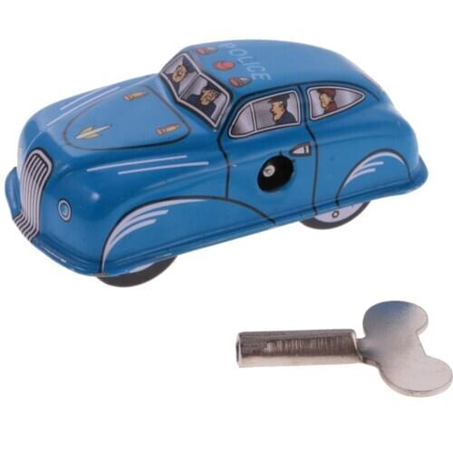 Blue Classic Police Car Tin Toy Collectible Clockwork Wind Up Toys for Kids