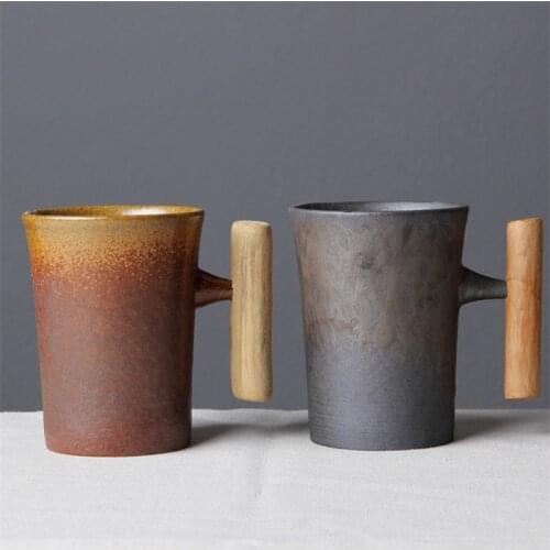 Retro Japanese-style Crude Ceramic Coffee Mug Tumbler Rust Glaze With Wooden Handgrip Tea Beer Water Cup Home Office Drinkware