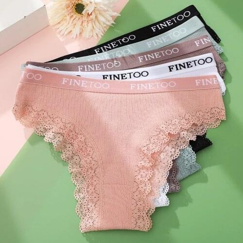 FINETOO Lace Womens Panties Cotton Brazilian Panties Woman Sexy Ladies G-String Thongs Girls Plus Size M-2XL Panty 3PCS/Set