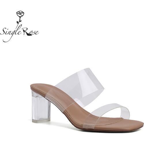 Single Rose Woemns Clear Summer Fashion Sandals Transparent Crystal Square High Heels Slippers Causel Daily Party Shoes T16