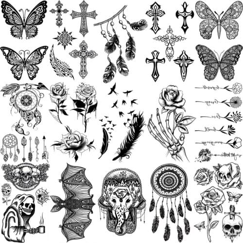 3D Feather Arrow Flower Temporary Tattoos For Women Girl Cross Butterfly Skeleton Elephant Fake Tattoo Neck Arm Hand Small Tatoo