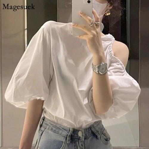 Chic Off Shoulder Women Shirt Summer Vintage Hollow Puff Short Sleeve White Blouses O Neck Loose Tops Female Clothing New 15577