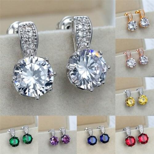 Charm Female Yellow Crystal Stone Earrings Cute rose gold color Stud Earrings For Women Trendy Rainbow Round Wedding Earrings