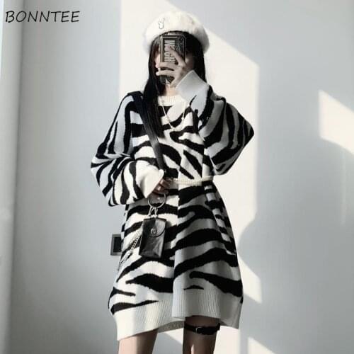 Sweater Women Zebra-print All-match Autumn Clothes Mujer Warm Loose Long Sleeve Vintage Knitting O-Neck Pullovers Lovely College