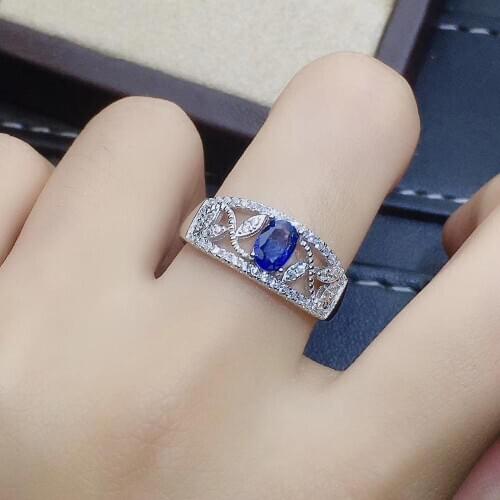 Fashion Leaf Hollowing wide Natural blue sapphire gem ring S925 silver natural gemstone ring girl women party gift fine jewelry