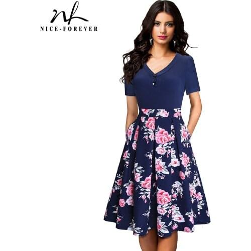 Nice-forever Summer Women Vinatge Floral Patchwork Dresses Casual Elegant Flare Dress A252