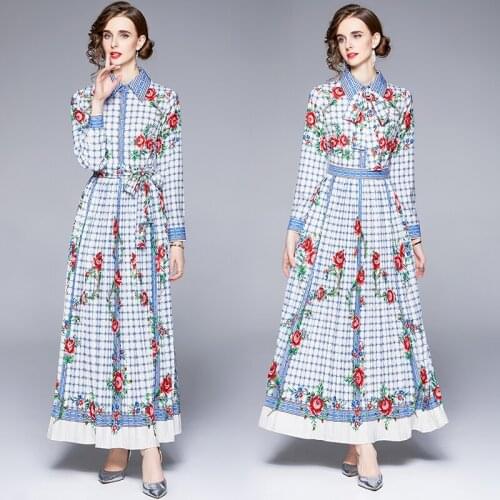 Dropshipping New Spring Summer Fall Autumn Runway Vintage Floral Print Long Sleeve Women Ladies Party Casual A-Line Maxi Dress