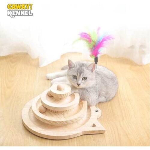 CAWAYI KENNEL Solid Wooden Pet Cats Toys Loop Track with Wooden Balls Three-layer Scraper Board Funny Cat Turntable D2106