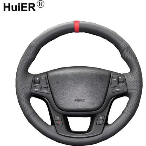 HuiER Hand Sew Car Steering Wheel Cover Red Marker For Kia Sorento 2009-2014 Kia Cadenza K7 2011-2015 Steering-Wheel Car Styling