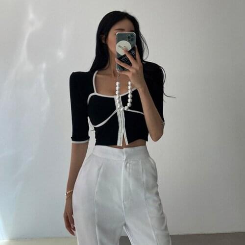 Square Neck Bodycon T Shirt Sexy Fashion Casual Half Sleeve T Shirts Summer 2021 Streetwear Patchwork Elegant Knit Women T Shirt