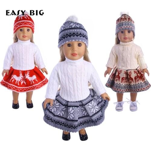 EASY BIG Girl Doll Clothes Set Winter Sweater+Skirt+Hat for 18 Inch Doll Suit Set Fit 43cm Baby Dolls NR0020