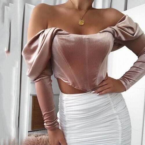 Hot 2021 Summer New Style Velvet Off-Shoulder One-Way Neck Pleated Long-Sleeved Top T-Shirt Womens Fashion