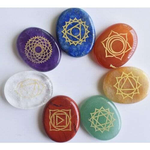 Fashion No hole mix Natural stone seven chakras patten carved oval pendants for jewelry accessories making 7pcs/lot wholesale