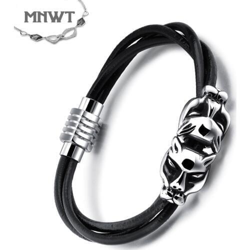 MNWT Black Stainless Steel Leopard Head Mens Bracelets PU Leather Fashion Personality Magnetic Buckle Men Bracelet Homme