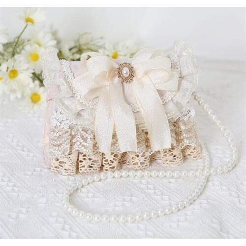 Mori Girl Lolita Lace Bow Shoulder Bags Lady Women Handbag Messenger Pearl Chain Bag D843