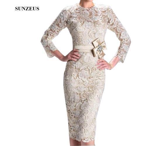 Champange Mother Of The Bride Dresses With Sleeves Knee Length Lace Party Gowns Women Wedding Guest Dress CM0158