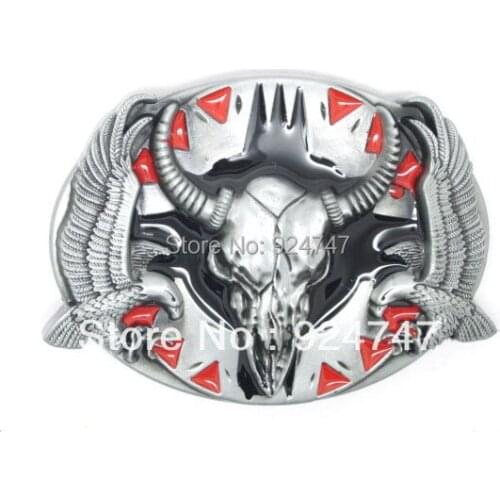 Native America Bull Skull and 2 eagles Belt Buckle