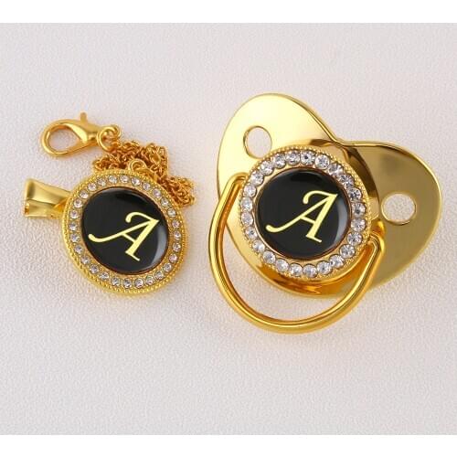 Luxury Golden Initial Letter A BlingBling Baby Pacifier Chain Clip Newborn Dummy Nipple Food Grade Silicone Pacifier Soother