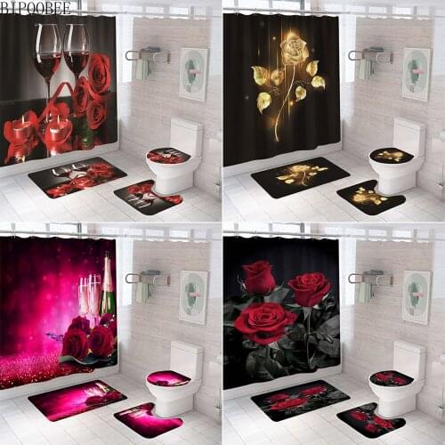 Rose Black Shower Curtain Red Wine Flowers Bathroom Curtains Flannel Toilet Lid Cover Non-Slip Carpet Bath Mats Rugs Home Decor