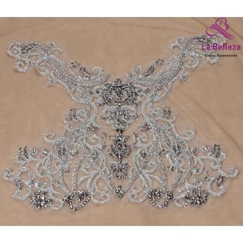 Silver/ white large pattern with heavy beads applique patchcrystal Rhinestone patch wedding dress Accessories