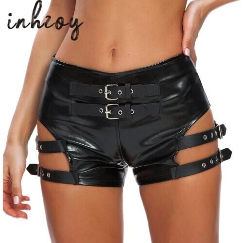 New Womens Fashion Patent Leather Pole Dance Shorts Dj Singer Female Bar Sexy Nightclub Rave High Waist Jazz Hot Pants Costume