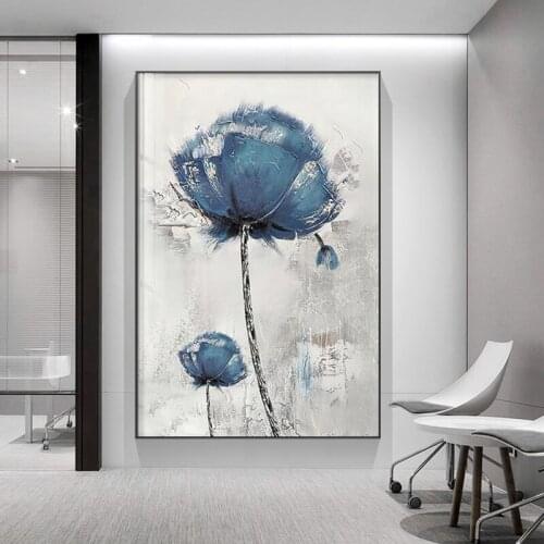 Scandinavian Blue Floral Feather Abstract Art Canvas Painting Nordic Living Room Home Bedroom Decoration Wall Poster