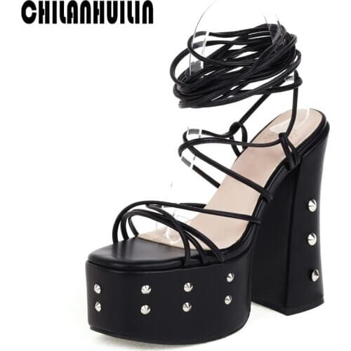 European American pop punk style nightclub show female thick super high heel shoes platform sandals womens dress casual shoes