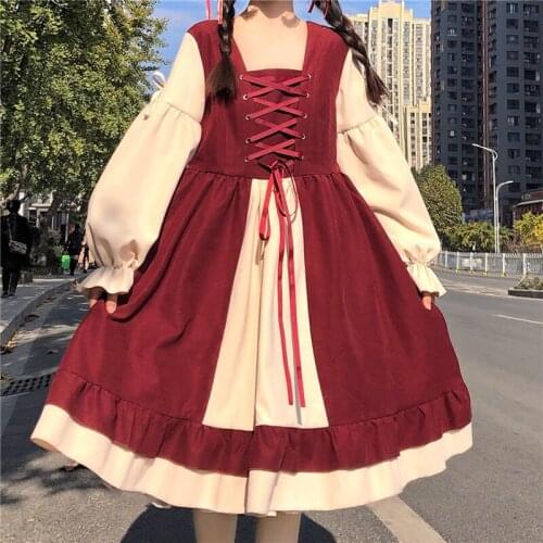 Lolita Soft Girl Kawaii Long Sleeve Dress Retro Lace Up Navy Collar Dresses For Women Japanese Patchwork Fluffy A-Line Dress