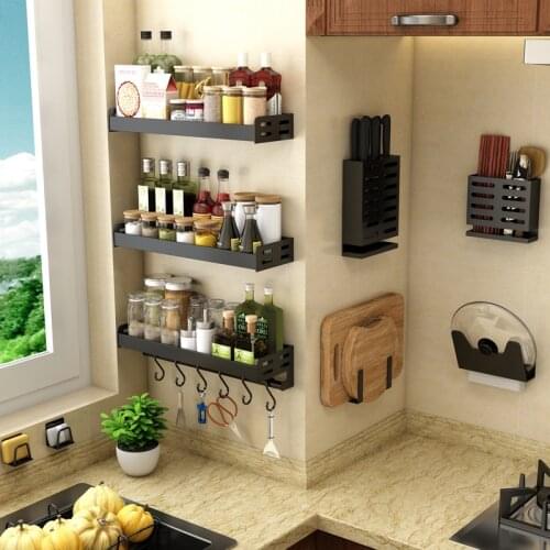 Punch-free Black Wall-mounted Kitchen Rack Wall-mounted Multi-function Spice Storage Rack Kitchen Supplies Five Pendants