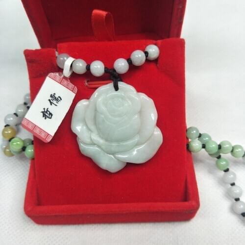 Zheru Jewelry Pure Natural Jadeite Light Green Peony Pendant Tricolor Jadeite Bead Necklace Send Class A Certificate