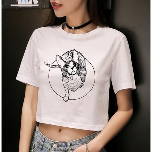 2020 Women Tees Sexy Crop Top Fashion Cat Theme Shirt Short Sleeve White T-shirt Round Neck Top Shirt S-XL Size Graphic T Shirts