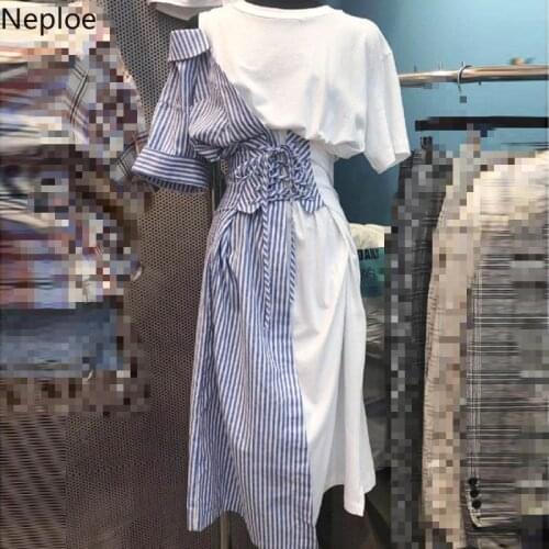 Neploe Plaid Patchwork Women Dresses Short Sleeve Knee-length Vestido 2021 Irregular New Summer Fake Two Pieces Dress 43236