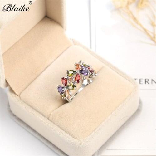 Blaike Silver Color Ring Colorful Water Drop Zircon Rings For Women Wedding Party Ring Jewelry Birthday Gifts